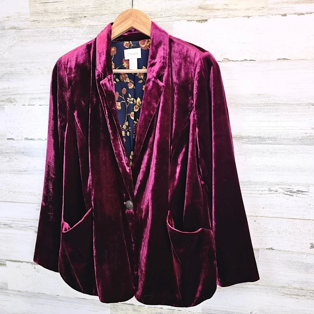 Chico’s Velvet Blazer Size M Wine Plum Burgundy Floral Lining Holiday Party